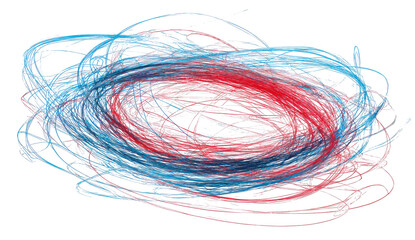 Abstract swirling shapes of red, blue, and white
