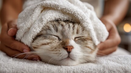 A relaxed gray tabby cat with closed eyes, wrapped in a white towel. Hands gently hold the cat's head, creating a calm and cozy atmosphere.