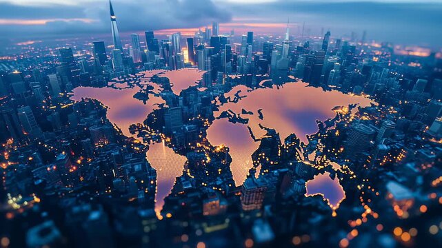 World map on city background with modern global economics connections, Urban skyline backdrop featuring technology and financial network 4k