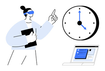 Person in VR glasses pointing at a clock while holding a notebook, with a laptop nearby displaying a digital interface. Ideal for productivity, time management, digital tools, scheduling, efficiency