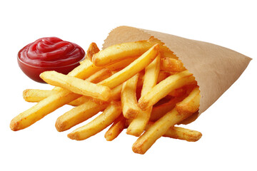 Crispy french fries in a paper cone with ketchup