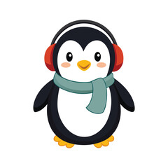 Adorable cartoon penguin dressed warmly for winter with cozy earmuffs and scarf