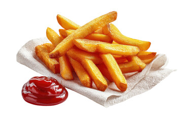 Golden french fries on a napkin with ketchup