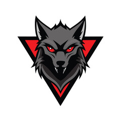 Fierce gray wolf head with glowing red eyes set against a red triangle emblem