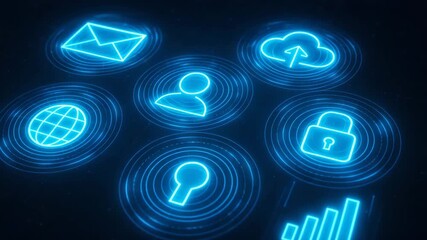 Futuristic digital icons representing technology, security, and communication in glowing blue against a dark background. - Powered by Adobe