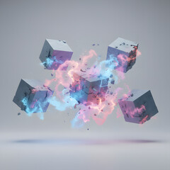Concept of transformation solid blocks dissolving into particles midair