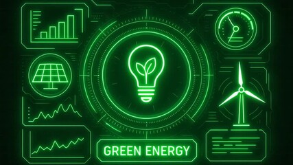 Digital illustration of green energy concepts featuring lightbulb, wind turbine, solar panel, and data analytics. - Powered by Adobe