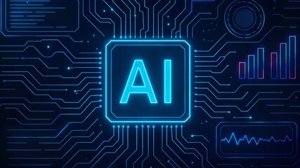 Futuristic AI technology illustration showcasing a circuit board with glowing blue elements and data analysis graphics. - Powered by Adobe