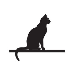 Silhouette of a cat sitting on a window ledge with tail curved, isolated on white background.