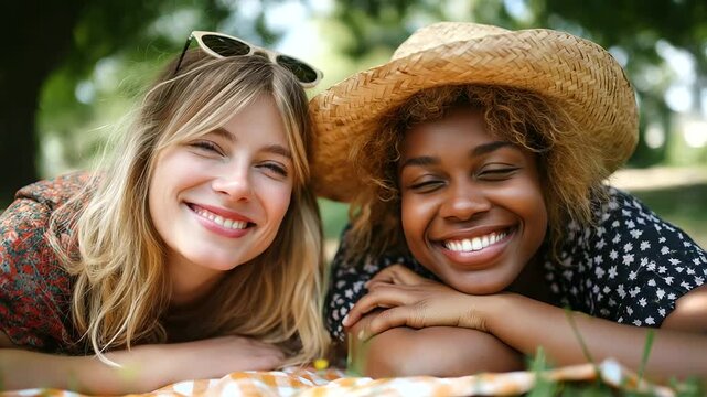 Two diverse young women, including a plus-size model, relaxing on mats under dappled tree light, sharing an inclusive moment, diversity, inclusivity, plus-size models, outdoor rela