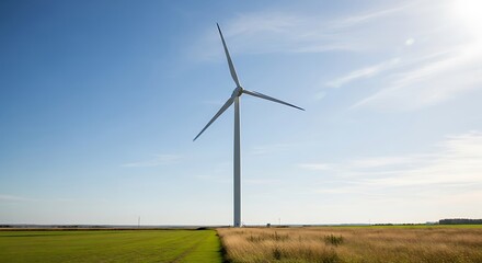 Fototapeta premium Wind Turbine in Field Under a Clear Sky, Offering Clean Energy and Promoting Sustainability, with a Natural Landscape.