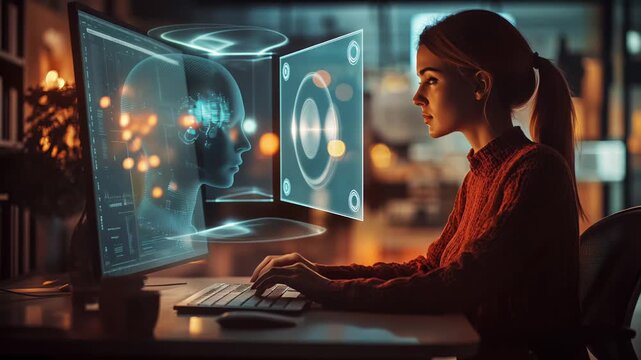 Woman working with futuristic AI hologram assistant, person interacting with smart digital interface, integration of artificial intelligence in everyday life concept 4k