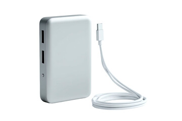 A light gray rectangular portable charger with a coiled cable