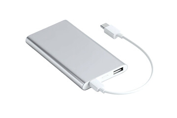 Silver portable power bank with cable