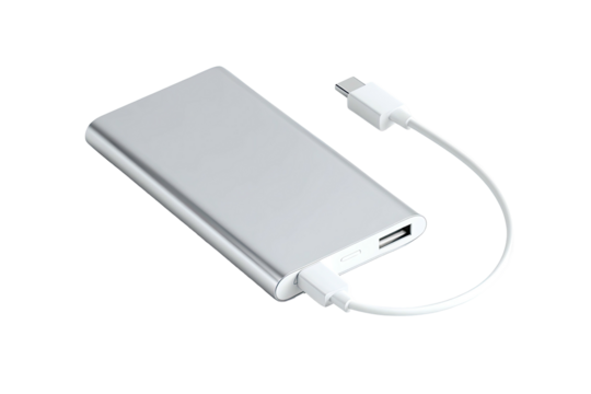 Silver portable power bank with cable