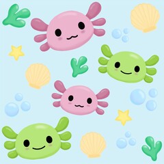 Cute axolote seamless pattern in blue background