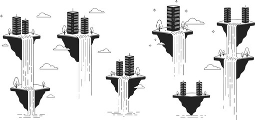 Floating futuristic city islands, modern architecture with waterfalls, surreal urban landscape, sustainable design, imaginative skyline, nature integration, conceptual illustration, fantasy