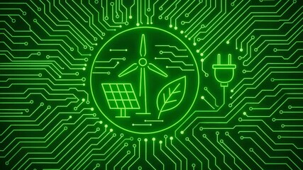 An eye-catching digital illustration representing renewable energy with wind turbines, solar panels, and eco-friendly elements. - Powered by Adobe