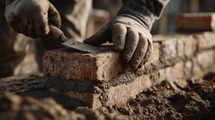 Closeup of gloved hands laying bricks and building a wall