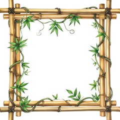 Naklejka premium Square bamboo frame adorned with green vines and leaves, intricately tied at the corners, creating a natural border