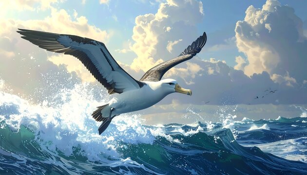 A soaring seabird glides above foamy ocean waves under a cloudy sky
