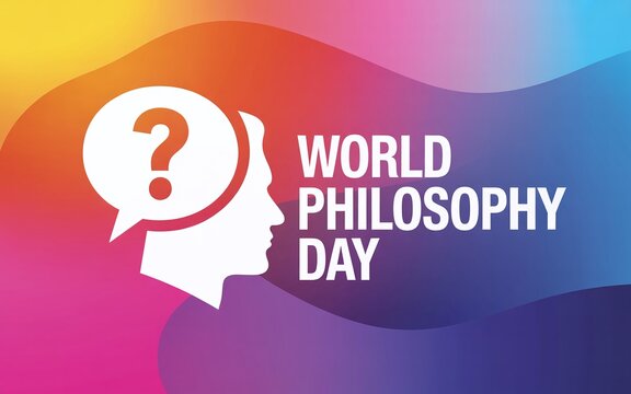 World Philosophy Day Banner Featuring a Human Head Silhouette with a Question Mark Symbol on a Vibrant Gradient Background for Awareness and Education