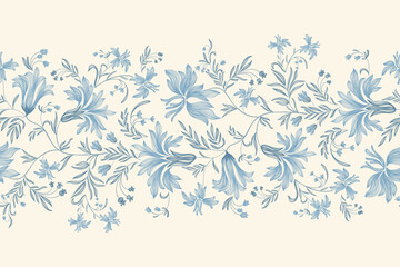 Fototapeta premium Vintage floral ethnic tapestry modern embroidery texture boho design vector illustration hand drawn silhouette indigo blue flower motif branches leaves wallpaper seamless background border.