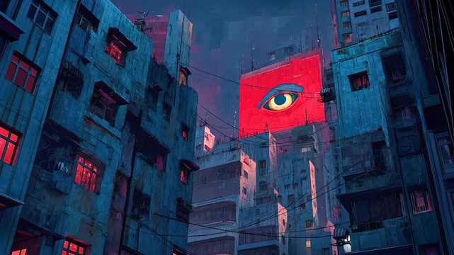 Excessive surveillance in dystopian cyberpunk city with privacy lack, Futuristic urban monitoring symbolizing big brother watching, authoritarian dictatorship futuristic concept 4k