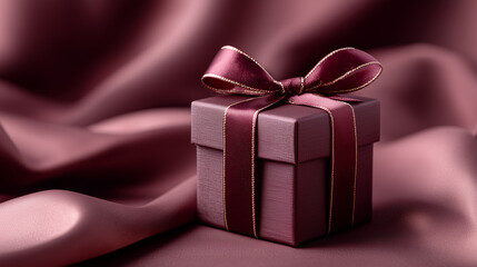 Elegant present gift box with satin ribbon and bows standing on burgundy silk background with draperies