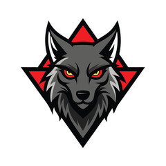 Fierce grey wolf head emblem with sharp red geometric background and intense glowing eyes