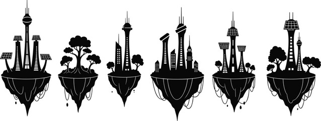 Futuristic floating city islands, modern skyline with solar panels, sustainable architecture, imaginative urban design, eco friendly landscape, fantasy illustration, innovation