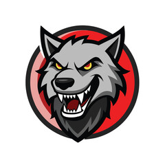 Fierce grey wolf mascot with intense yellow eyes and bared teeth in a red circle