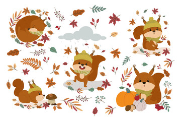 Charming vector illustration of a playful squirrel engaging in various autumn activities. Surrounded by falling leaves, rain, and pumpkins, the squirrel exudes warmth and joy.