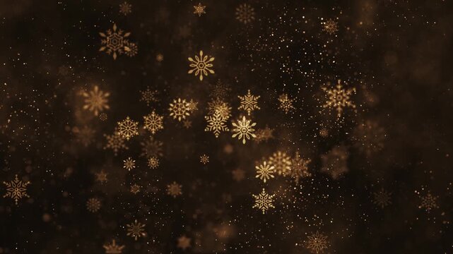 Luxury golden Christmas background  with glittering gold particles, shimmering bokeh light and festive snowflakes. Full HD looping animation.
