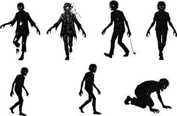Zombie silhouettes, glowing eyes, horror theme, undead creatures, Halloween design, scary poses, ragged clothing, crawling zombie, spooky illustration, vector graphic