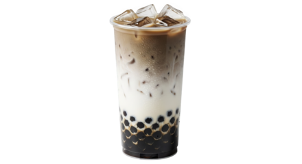 Iced coffee with tapioca pearls in a clear plastic cup