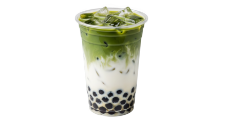Iced matcha latte with boba pearls in a clear plastic cup