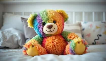 Rainbow bear sitting on children's bed with colorful pillows, happy childhood concept.
