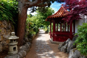 Japanese garden pathway with traditional stone lantern and red pagoda