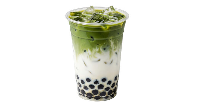 Iced matcha latte with boba pearls in a clear plastic cup