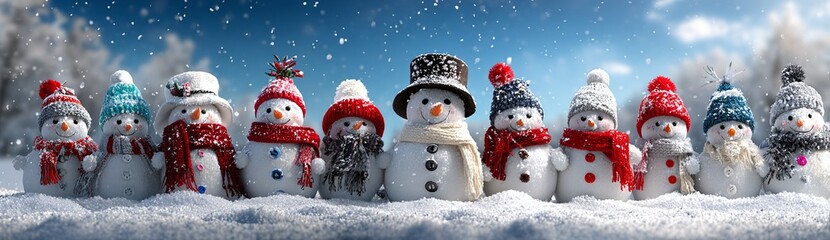A delightful panoramic lineup of ten cheerful miniature snowmen wearing colorful winter hats and scarves, perfect for a wide Merry Christmas or Happy New Year greeting card banner with horizontal copy