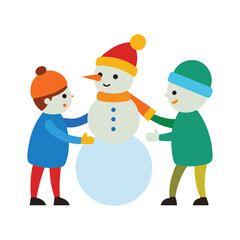 Children happily build a snowman together on a cheerful winter day outdoors