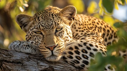 Fototapeta premium Wild leopard gazing under golden sunlight HD photos
