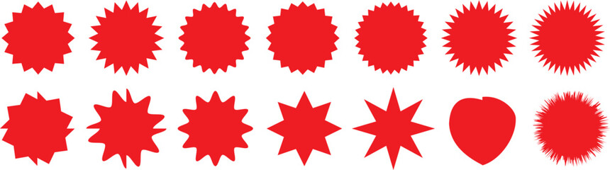 Set of Red price sticker, sale or discount sticker, sunburst badges icon. Stars shape with different number of rays. Special offer price tag. Red starburst promotional badge set, shopping labels