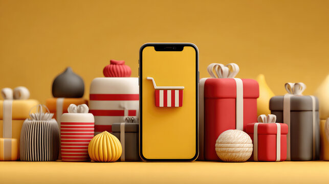 Smartphone displaying shopping cart icon amid festive wrapped presents on bright yellow surface, symbolizing digital holiday retail experience