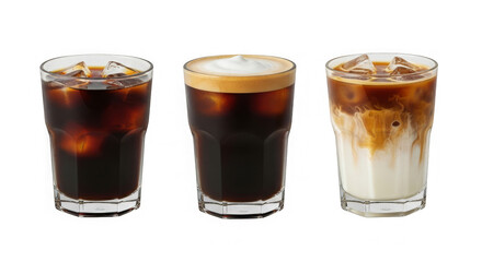 Three iced coffee drinks in clear glasses