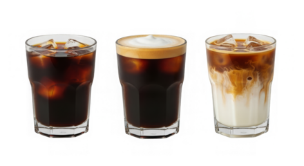 Three iced coffee drinks in clear glasses
