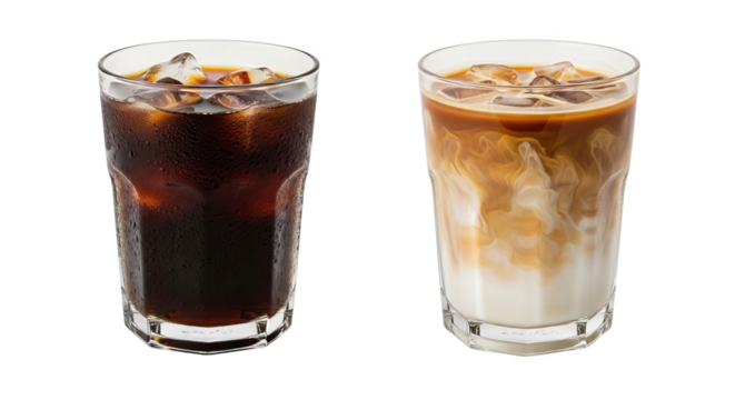 Two glasses of iced coffee one black one with milk