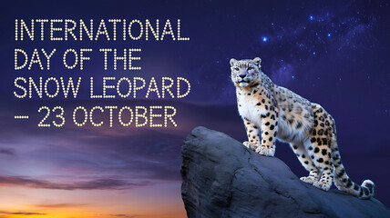 Snow leopard standing on mountain rock under starry sky for international day of the snow leopard wildlife conservation  
