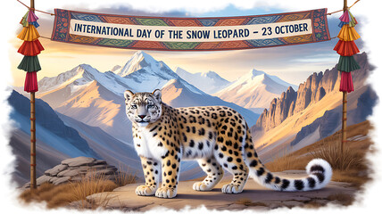 Illustration of snow leopard in mountain landscape for international day of the snow leopard wildlife awareness  
